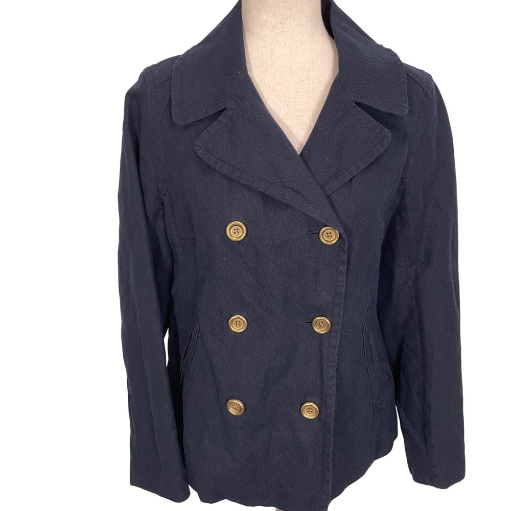 J. Crew Women 10 Pea Coat Navy Double Breasted Gold Buttons Denim